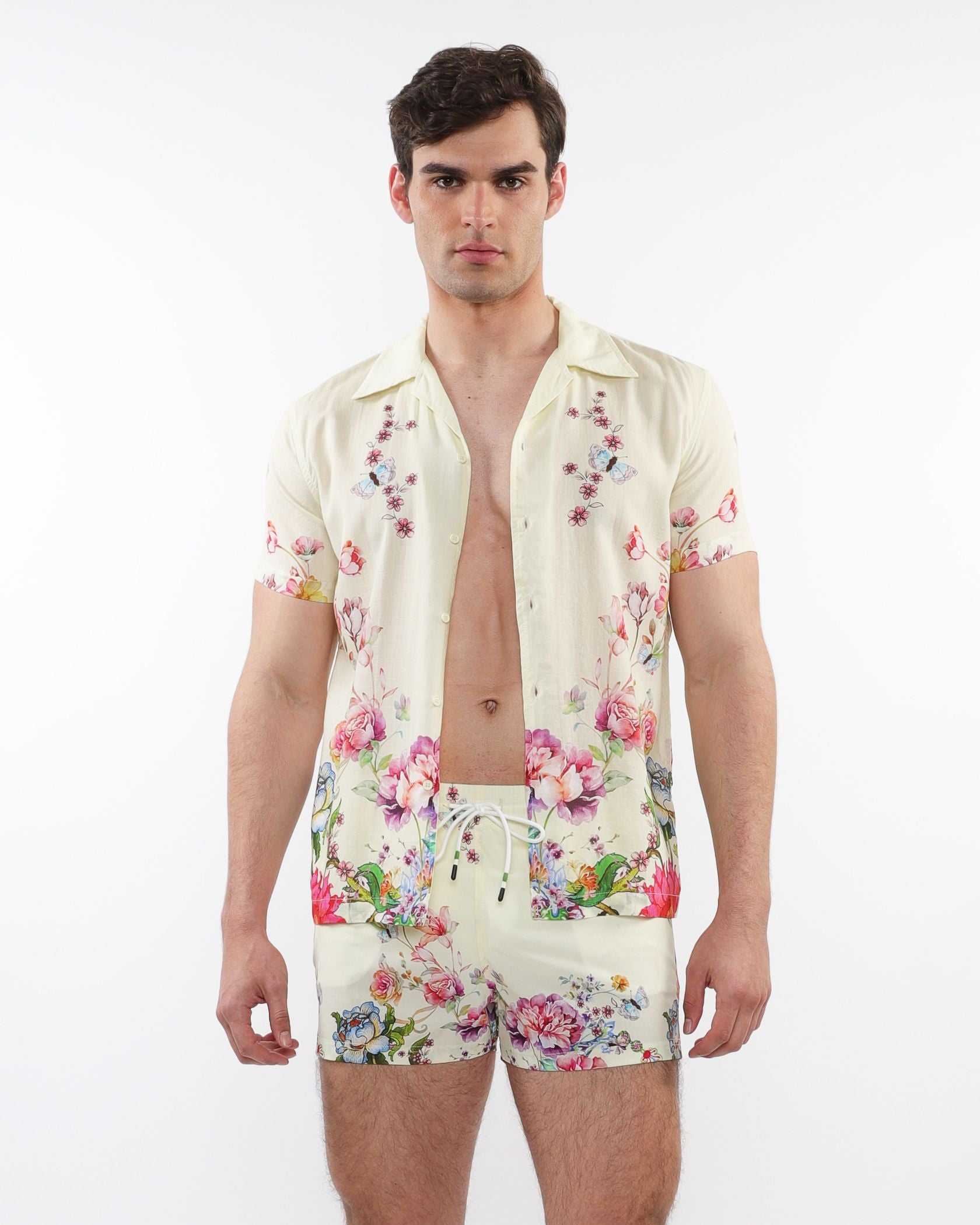 PRINTED S/S WOVEN MODAL BORDER SHIRT