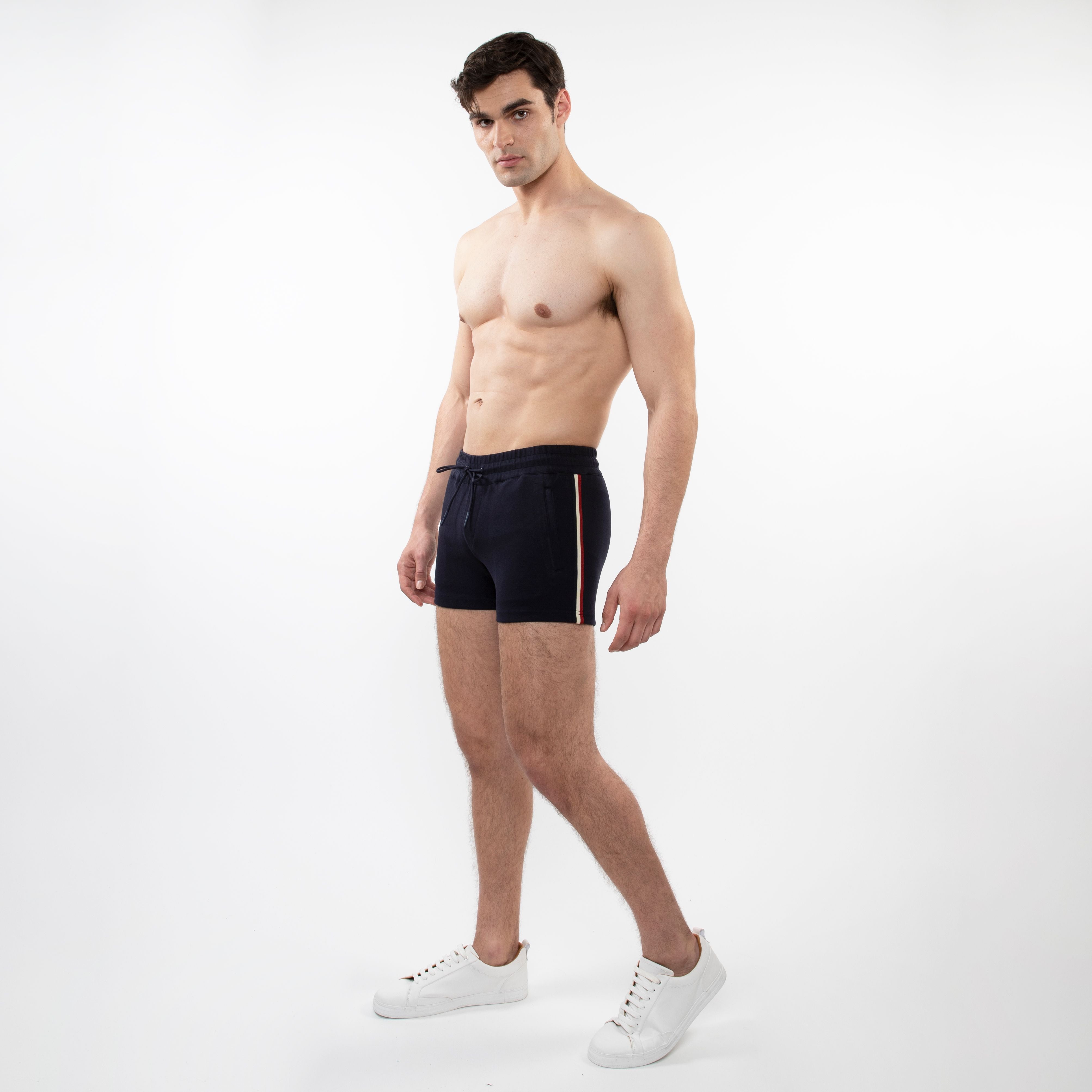 RETRO STRETCH KNIT GYM SHORTS W/ SIDE TAPING