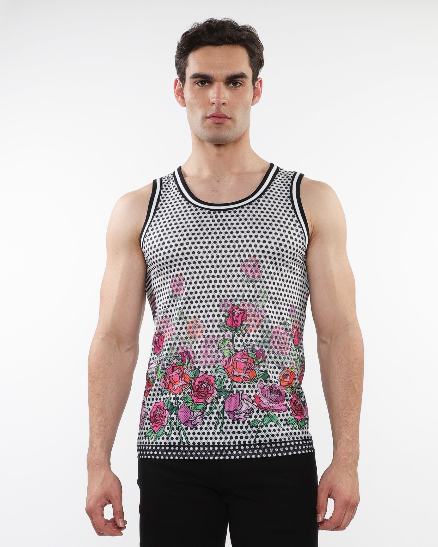 FLORAL PRINTED MESH TANK W/ STRIPE RIBBING