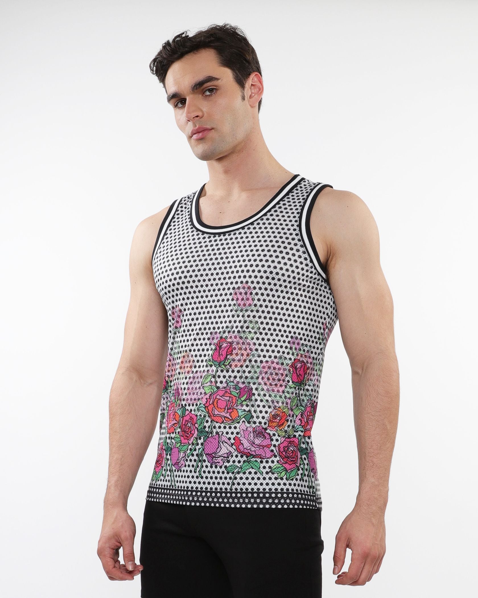 FLORAL PRINTED MESH TANK W/ STRIPE RIBBING