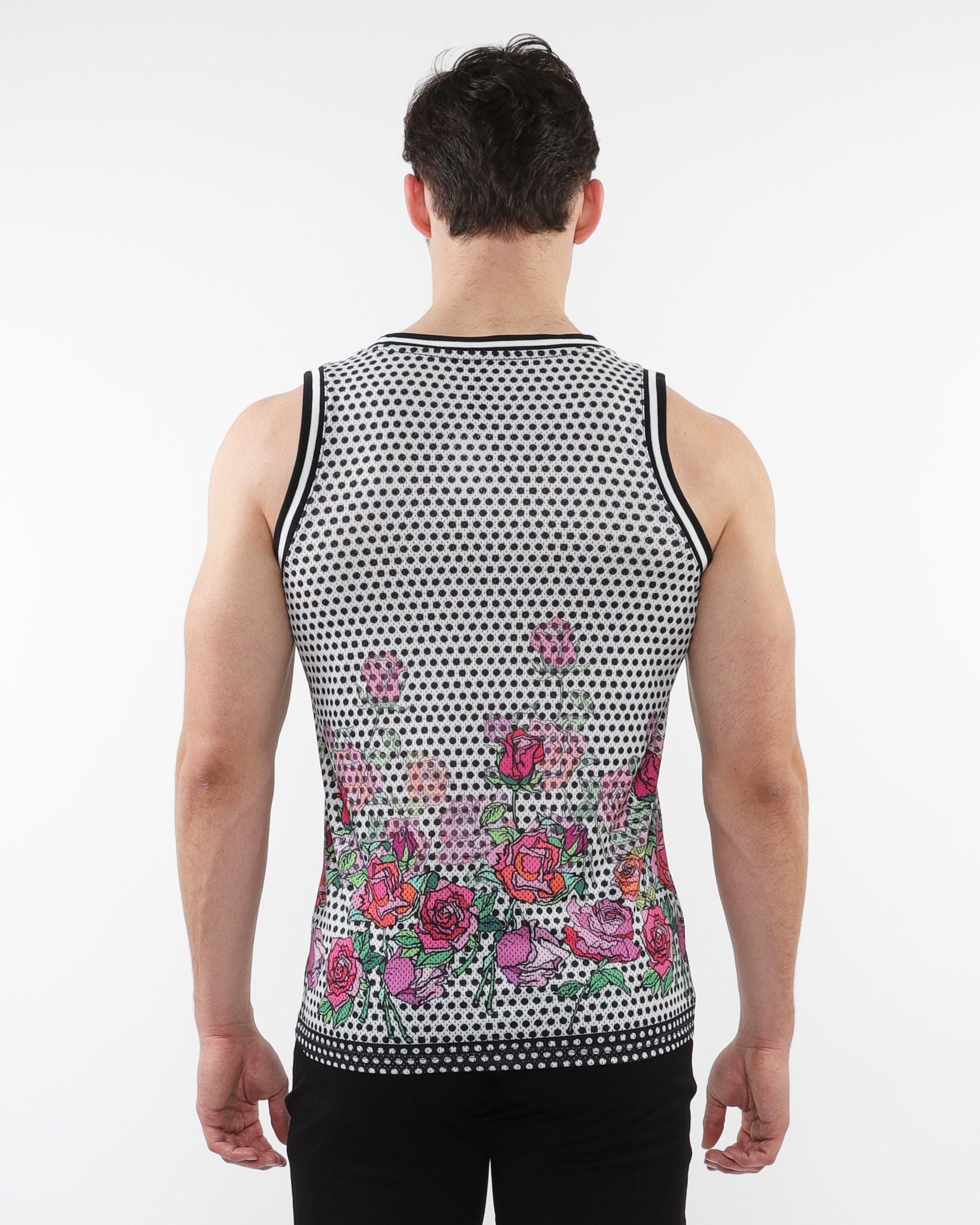 FLORAL PRINTED MESH TANK W/ STRIPE RIBBING