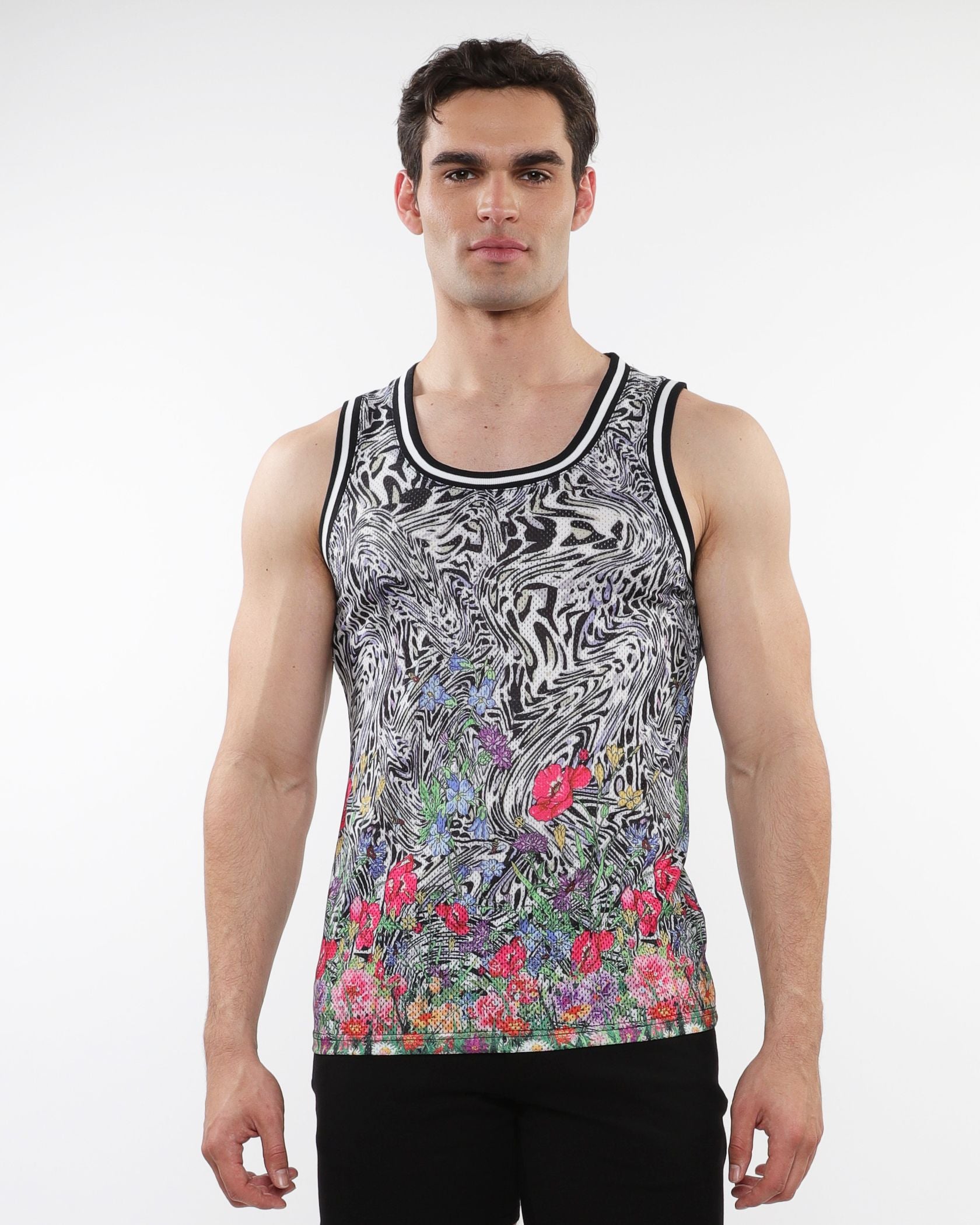 JUNGLE PRINTED MESH TANK W/ STRIPE RIBBING