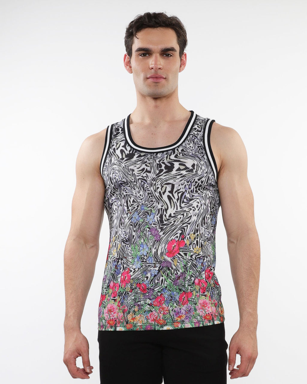 JUNGLE PRINTED MESH TANK W/ STRIPE RIBBING