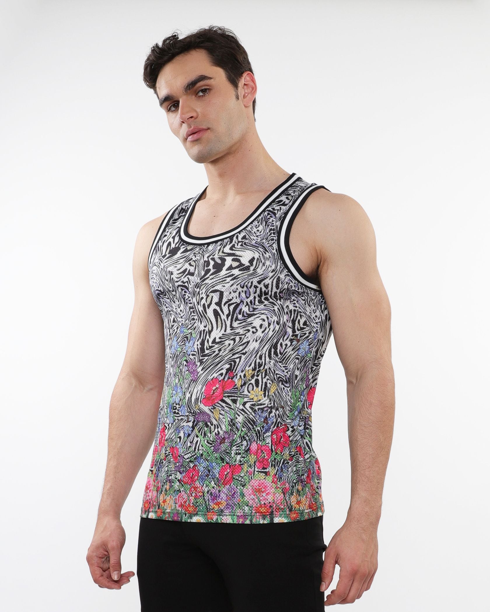 JUNGLE PRINTED MESH TANK W/ STRIPE RIBBING