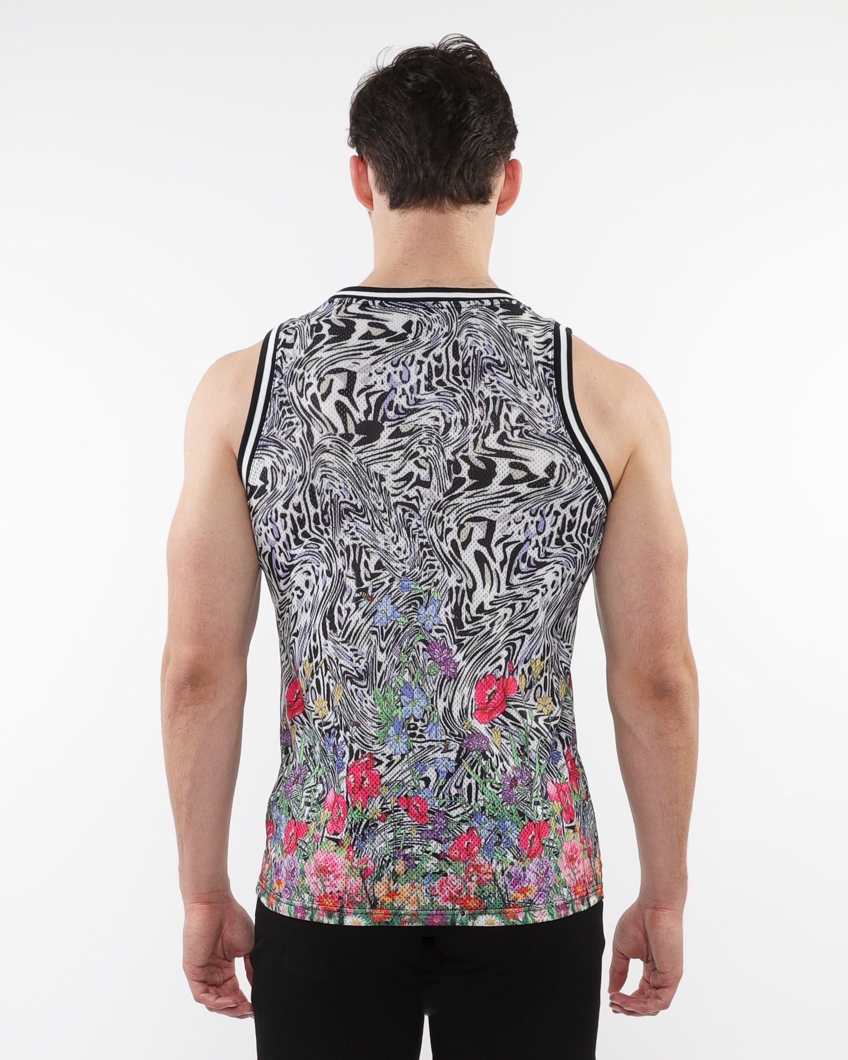 JUNGLE PRINTED MESH TANK W/ STRIPE RIBBING