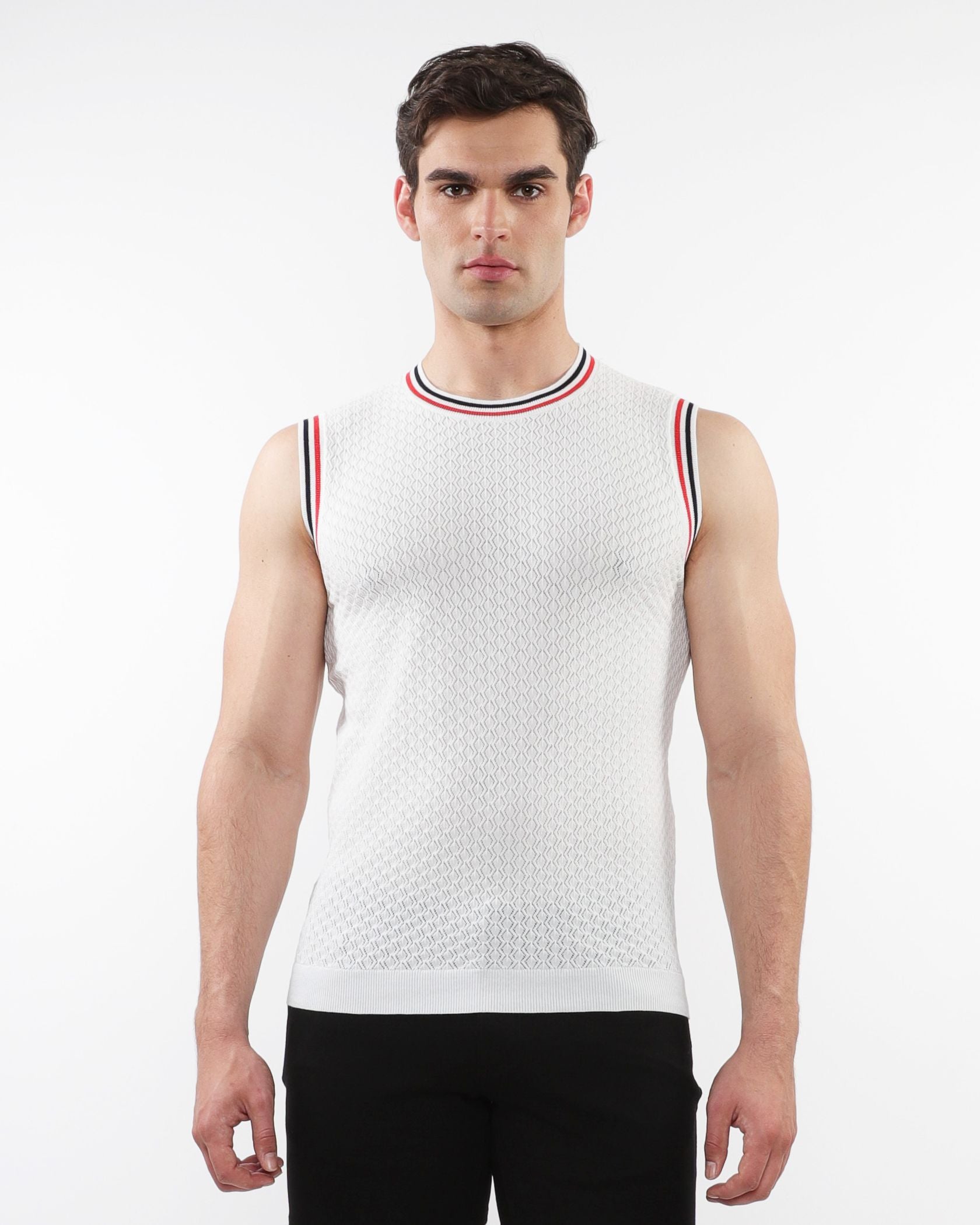 TEXTURED OPEN MESH KNITTED VEST W/ RIB TIPPING