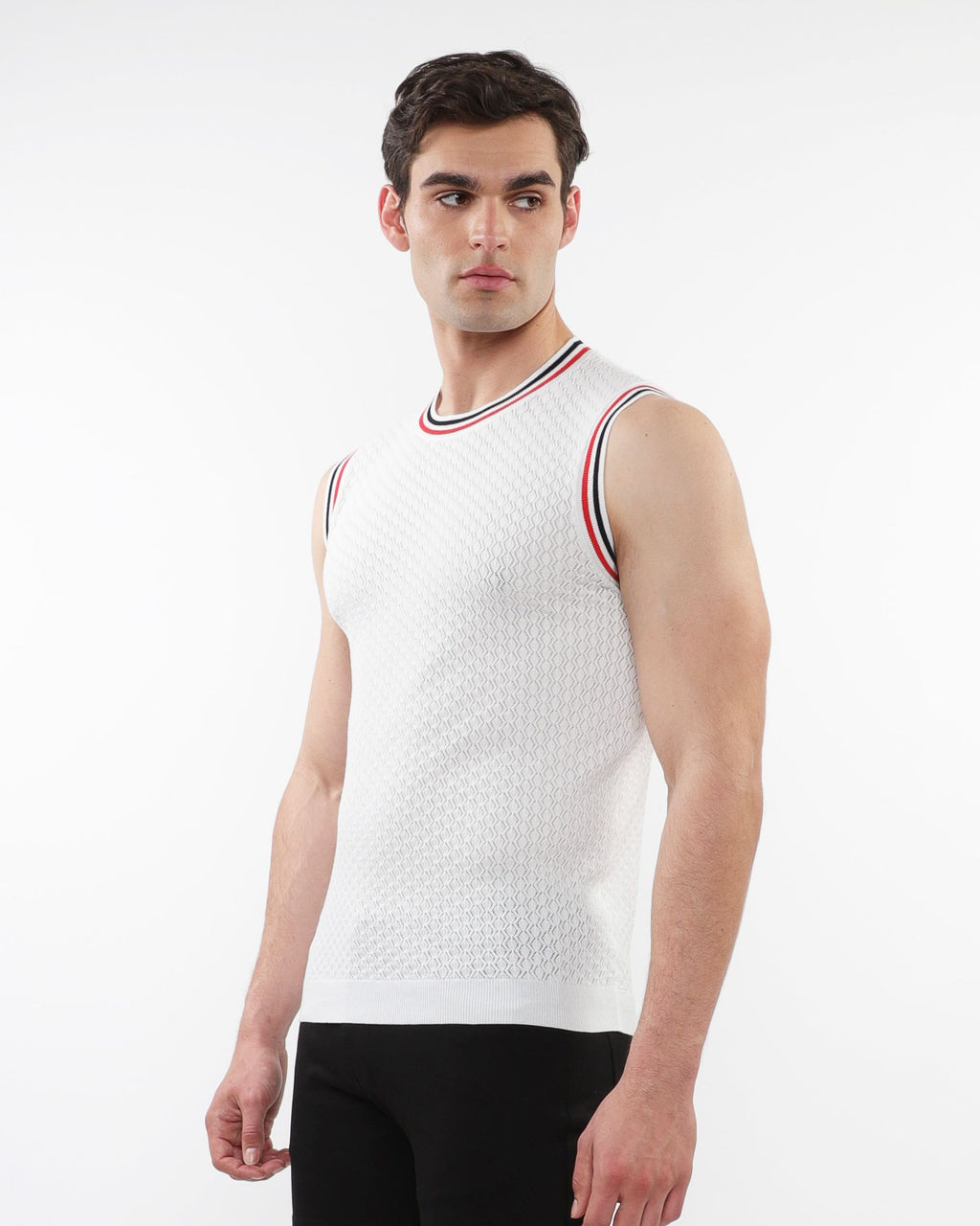 TEXTURED OPEN MESH KNITTED VEST W/ RIB TIPPING