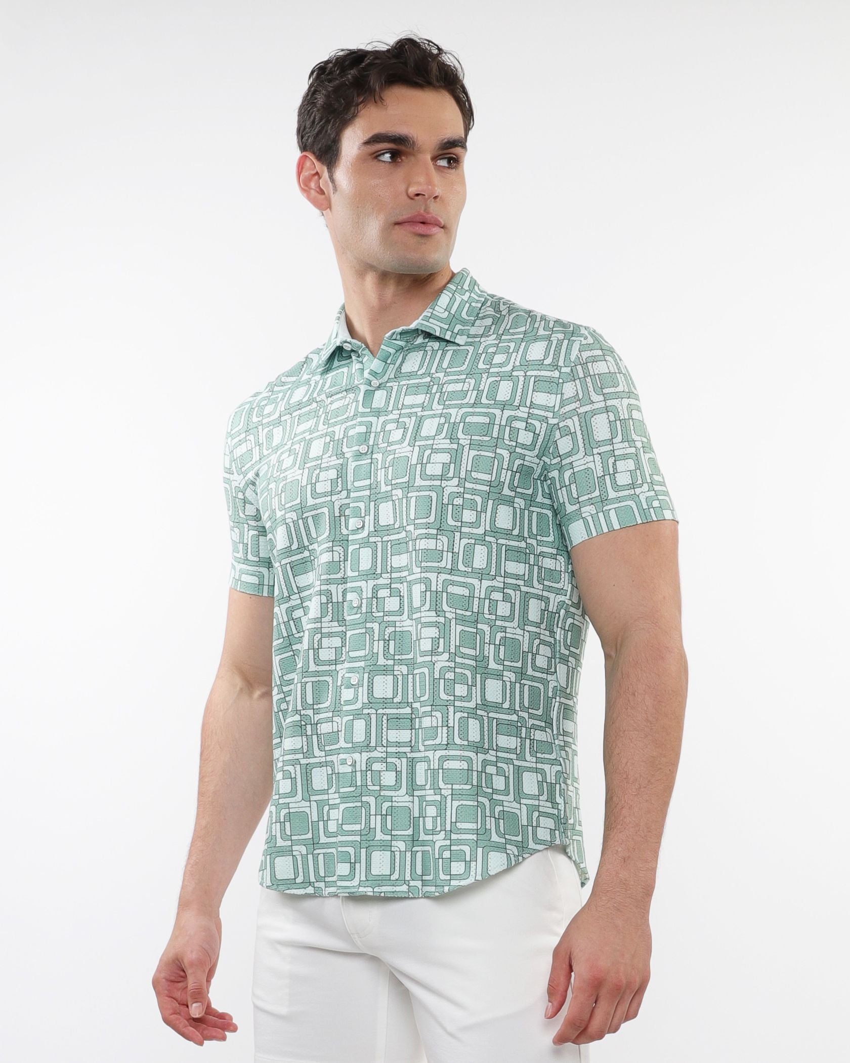 SQUARES PRINT OPEN KNIT SHIRT