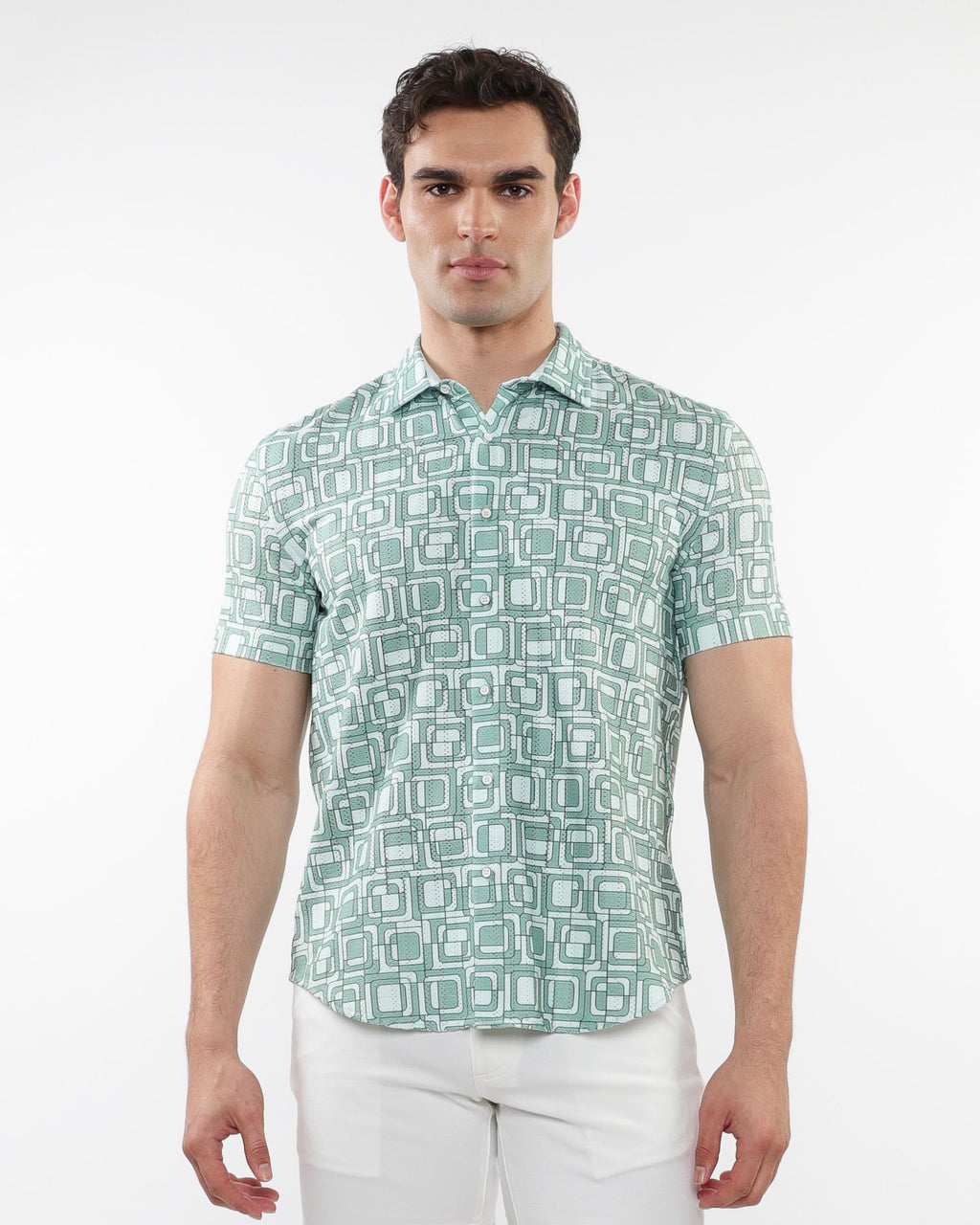 SQUARES PRINT OPEN KNIT SHIRT