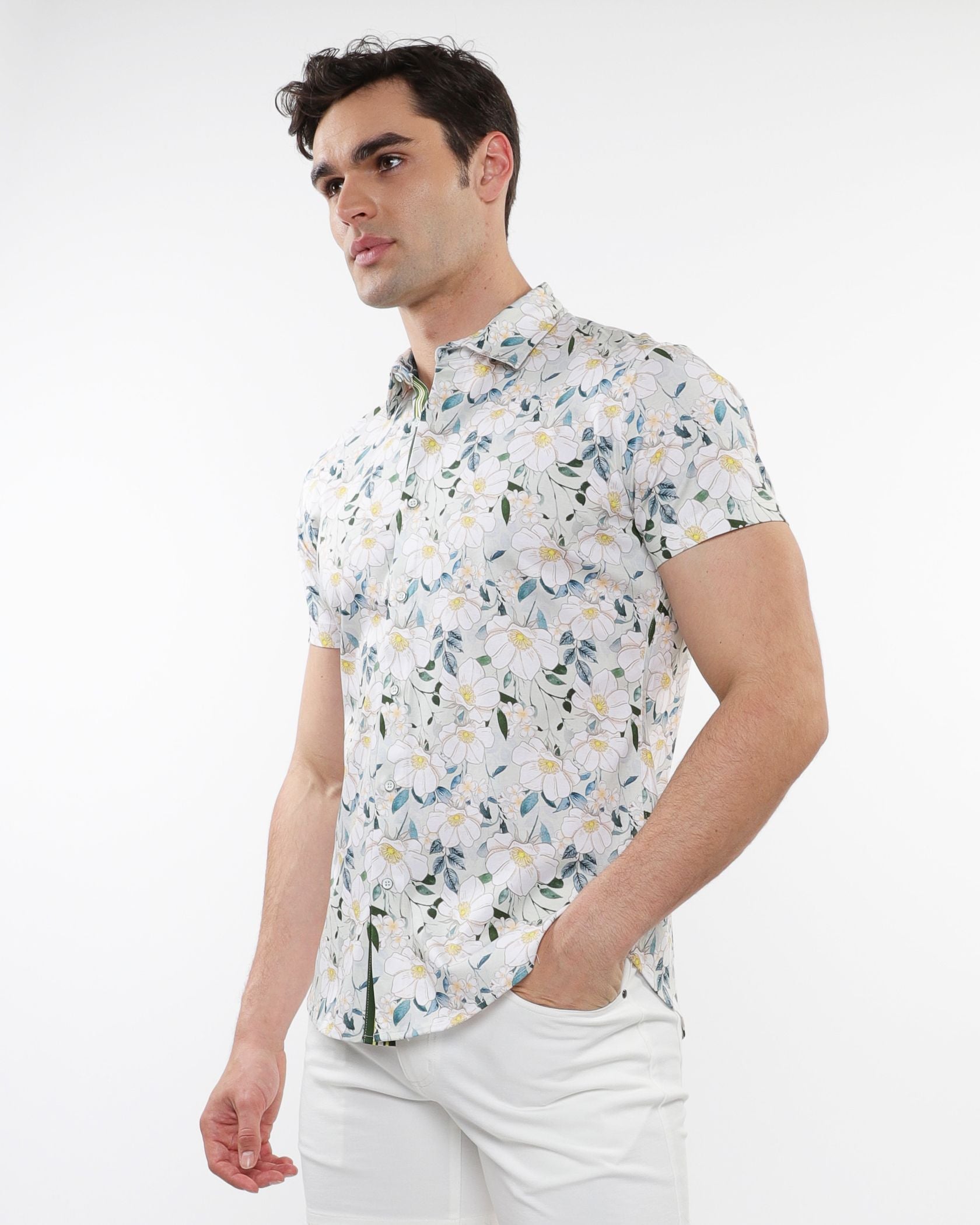 FLORAL PRINT STRETCH KNIT S/S SHIRT