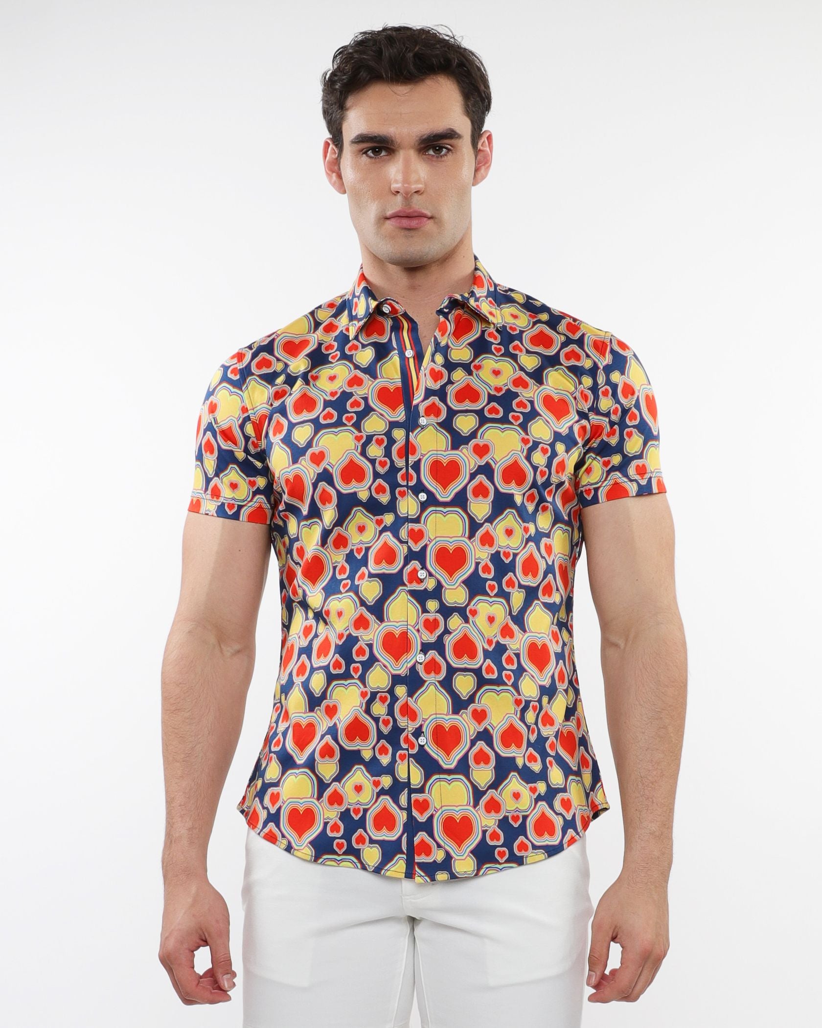 HEARTS PRINT STRETCH KNIT S/S SHIRT