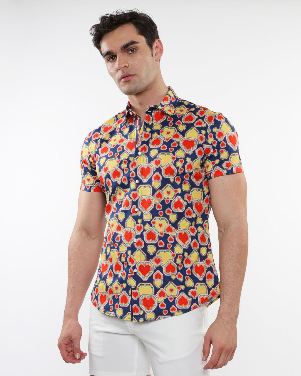 HEARTS PRINT STRETCH KNIT S/S SHIRT