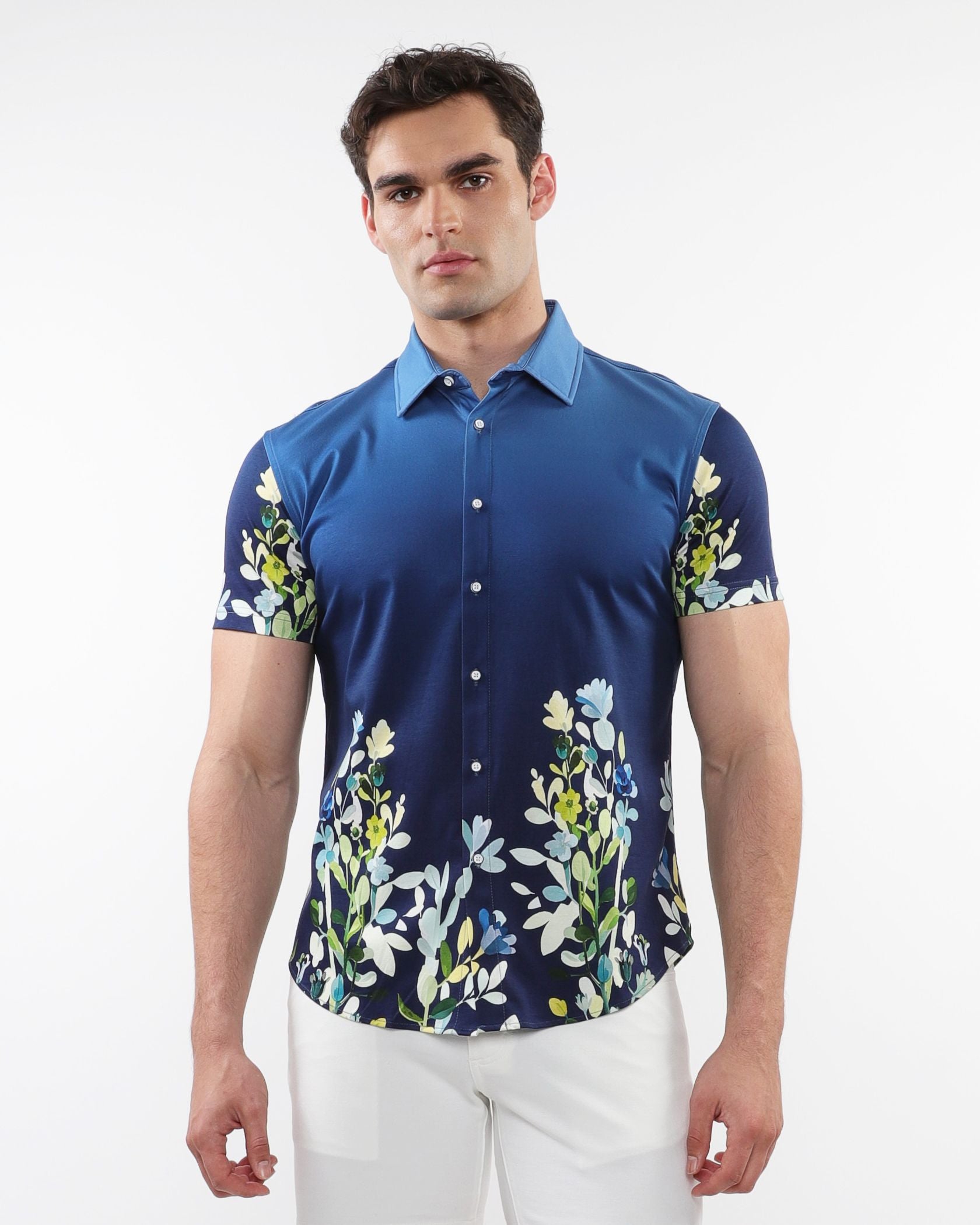 FLORAL BORDER PRINT STRETCH KNIT SHIRT