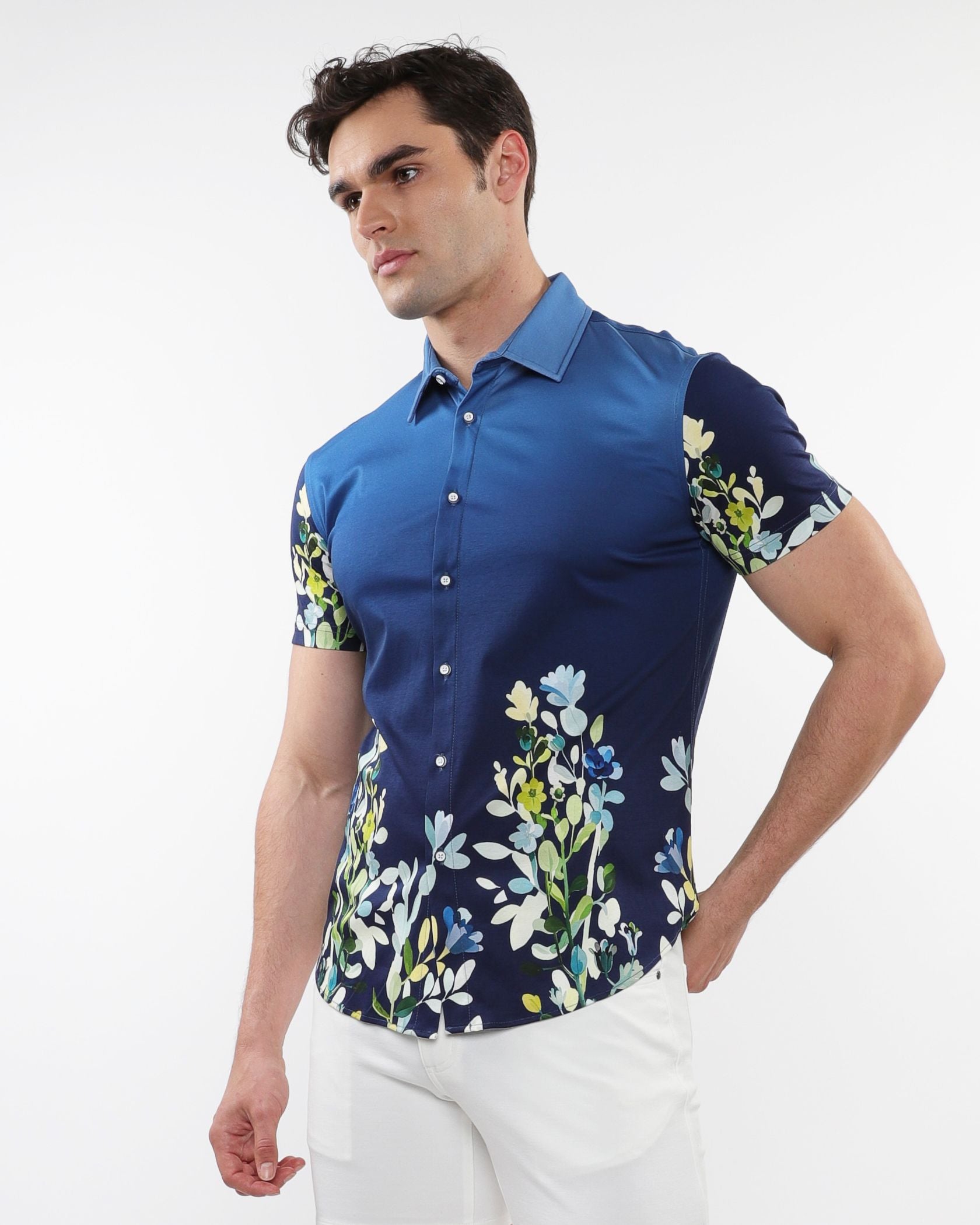 FLORAL BORDER PRINT STRETCH KNIT SHIRT