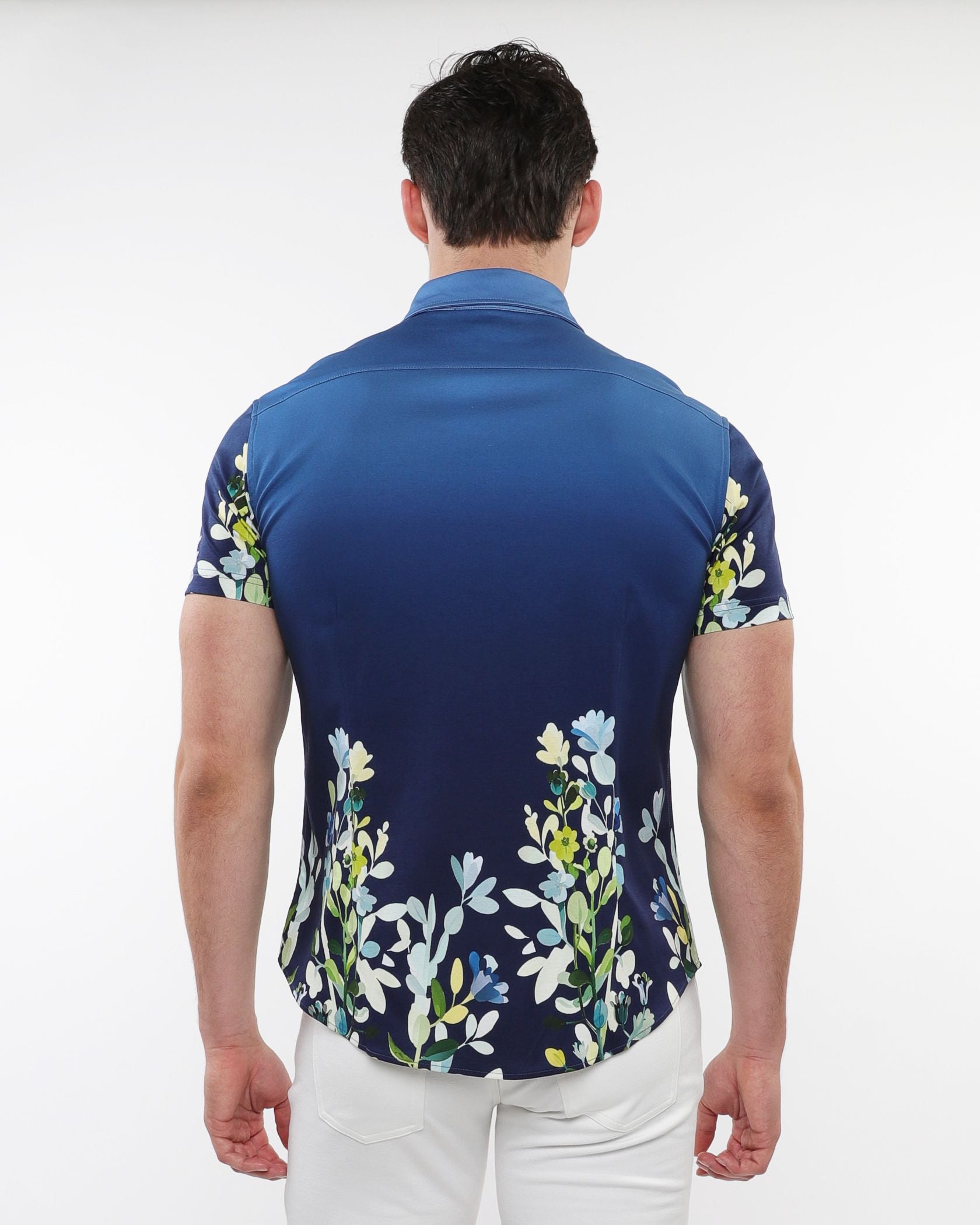 FLORAL BORDER PRINT STRETCH KNIT SHIRT