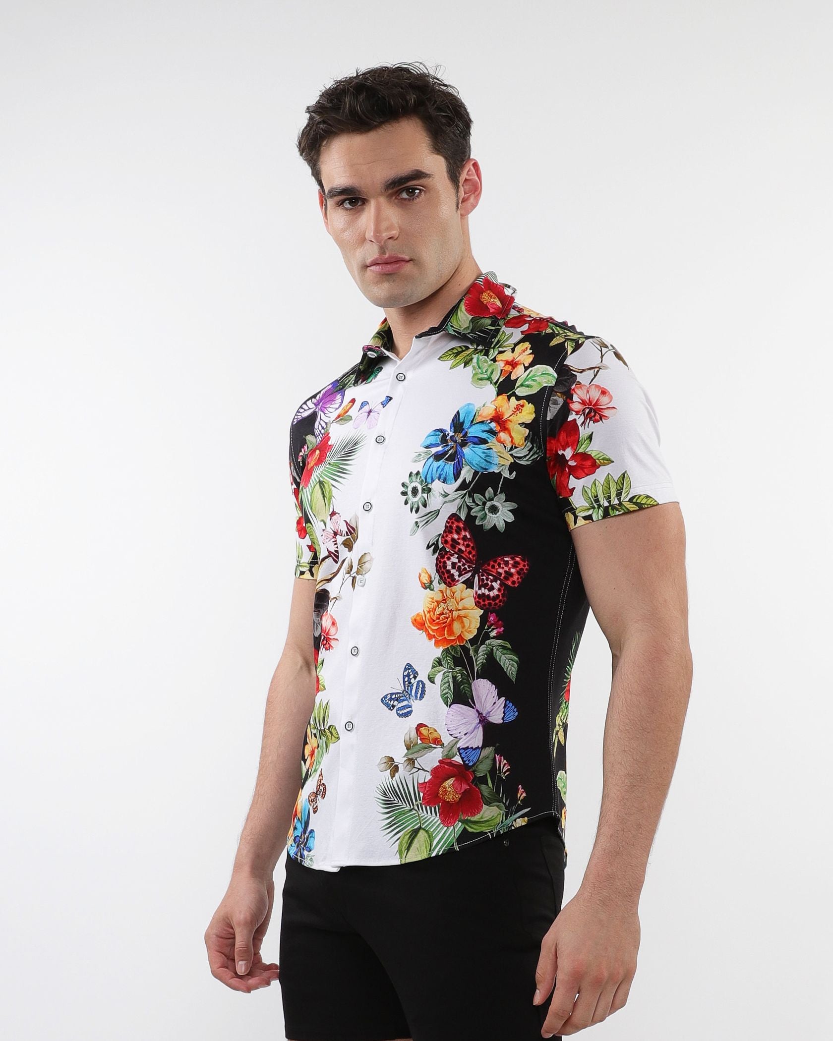 FLORAL BORDER PRINT STRETCH KNIT SHIRT