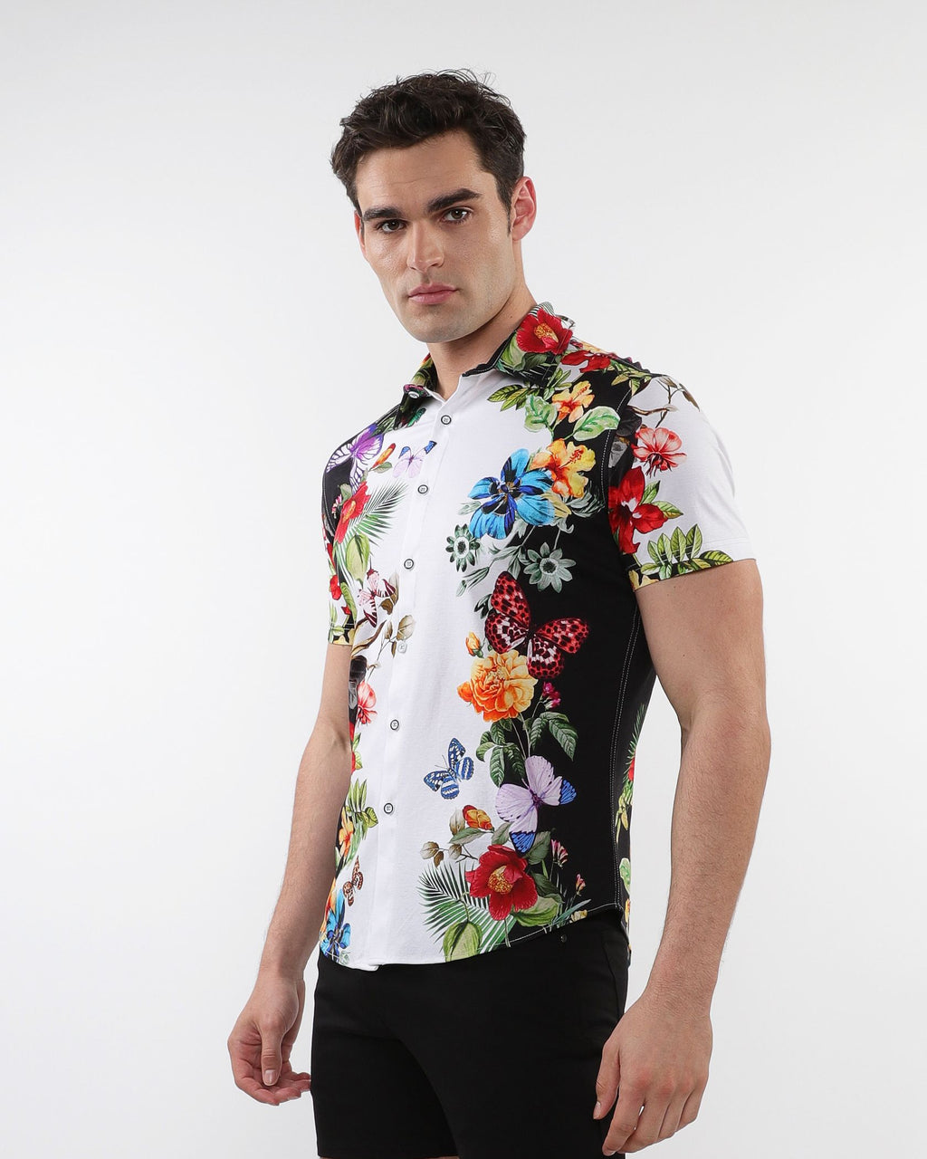 FLORAL BORDER PRINT STRETCH KNIT SHIRT