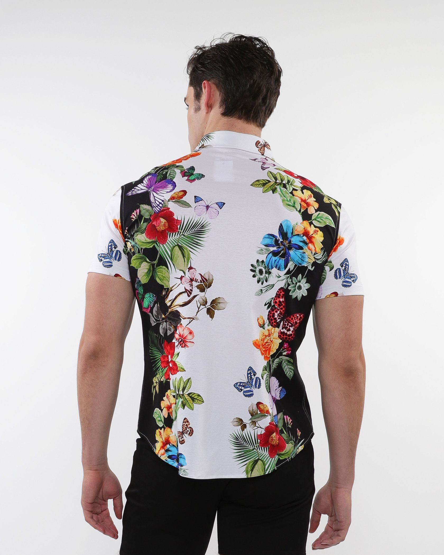 FLORAL BORDER PRINT STRETCH KNIT SHIRT