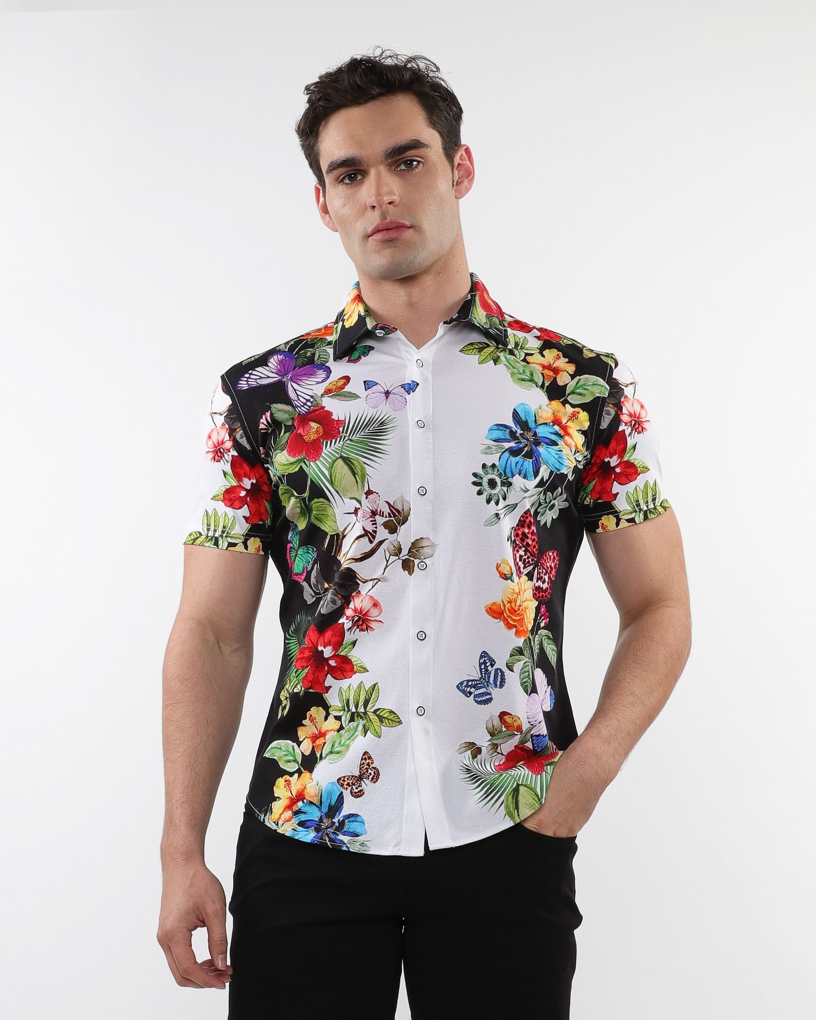 FLORAL BORDER PRINT STRETCH KNIT SHIRT