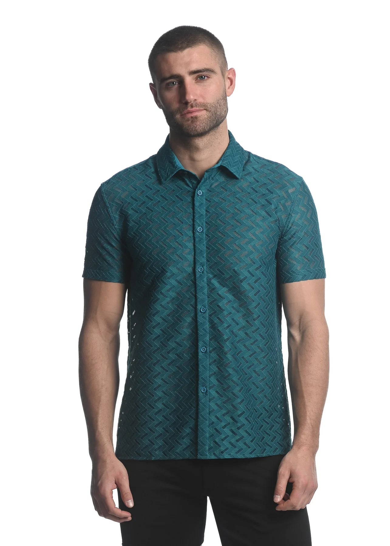 ZIGZAG CHEVRON STRETCH KNIT GOSSAMER S/S SHIRT