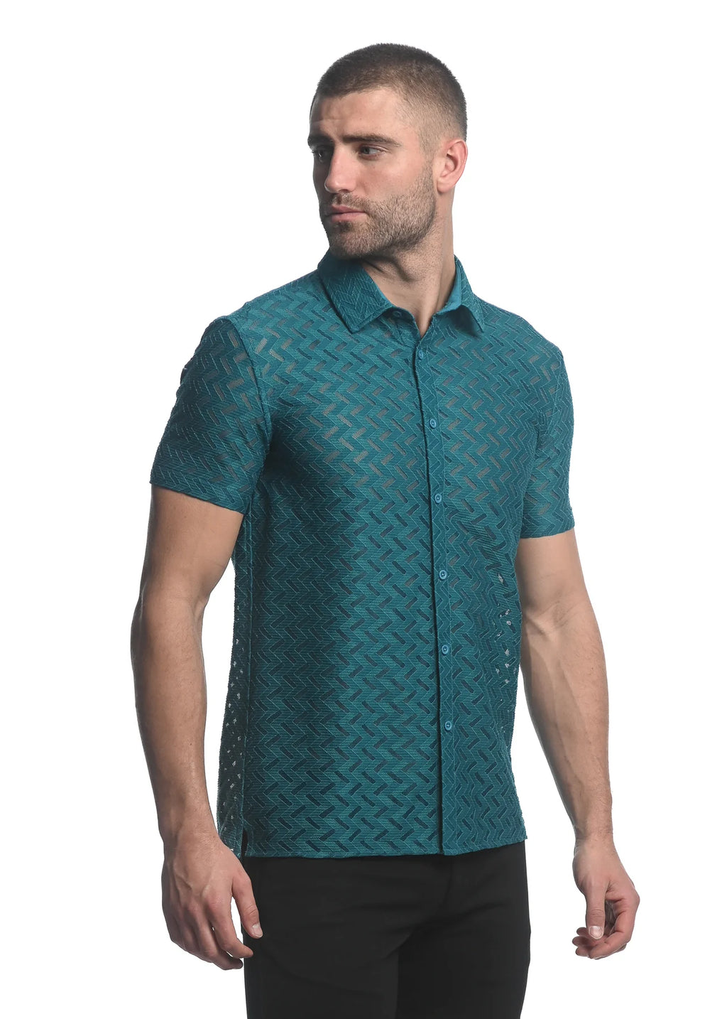 ZIGZAG CHEVRON STRETCH KNIT GOSSAMER S/S SHIRT